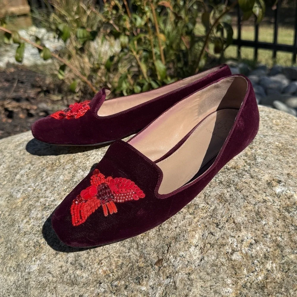Tory Burch Women's Red Velvet Flats Size 8 Peace Bird Heart Sequins Casual